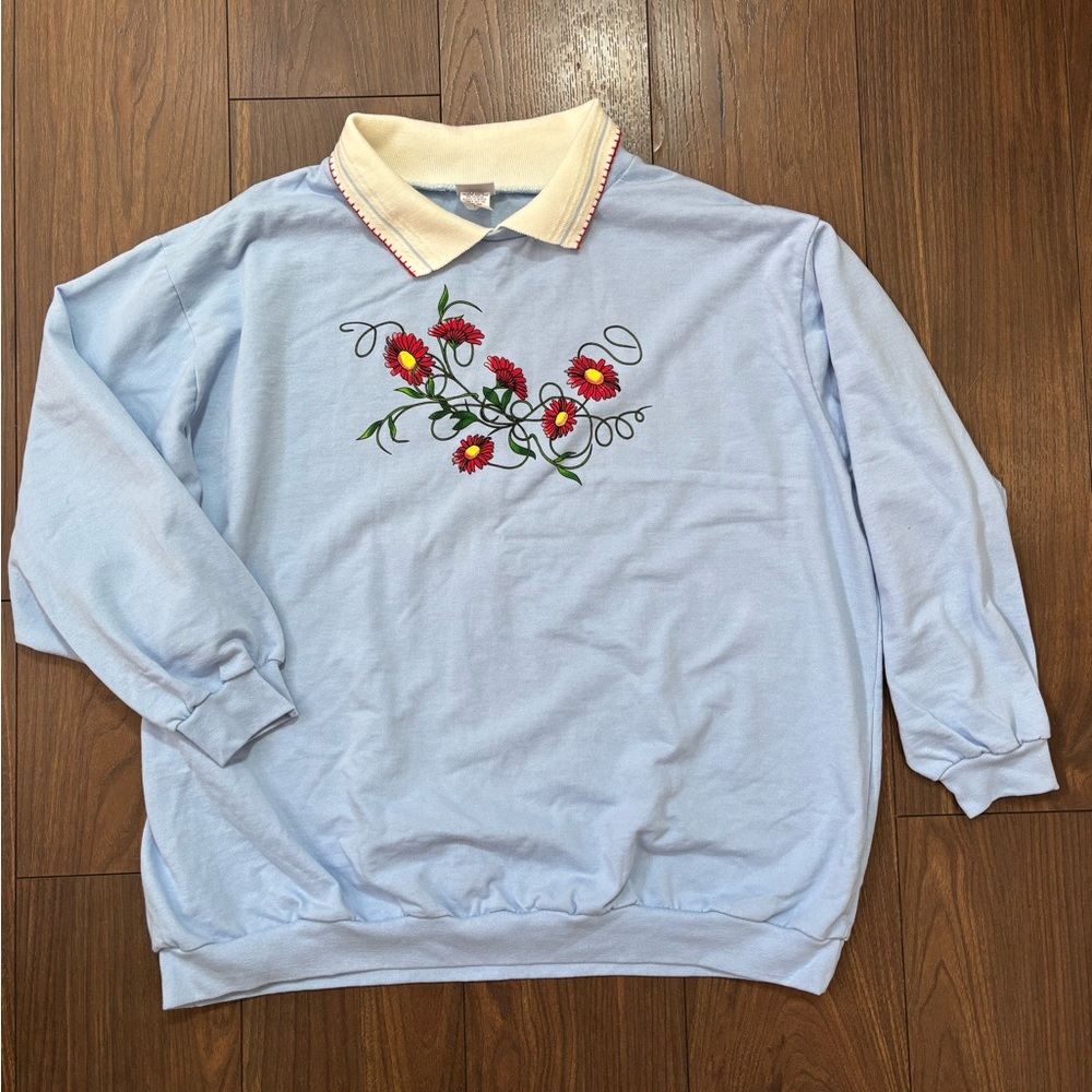 Haband Light Blue Pullover with Red Floral Embroidery